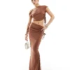 Missyempire Off Shoulder Top And Fishtail Maxi Skirt Co-ord In Mocha