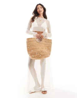 Missyempire Metallic Beach Top And Trouser Co-ord In Light Beige