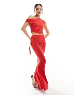 Missyempire Off Shoulder Top And Maxi Skirt With Tie Co-ord In Red -Missyempire Sales Store 206757287 1 red