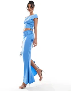 Missyempire Off Shoulder Top And Maxi Skirt With Tie Detail Co-ord In Blue -Missyempire Sales Store 206757318 1 blue