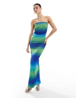 Missyempire Exclusive Bandeau Mesh Ruched Maxi Dress In Blue And Green Ombre For Women Multi