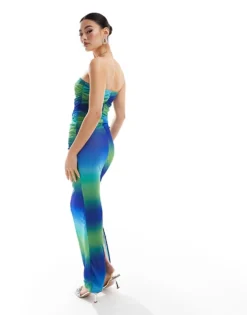 Missyempire Exclusive Bandeau Mesh Ruched Maxi Dress In Blue And Green Ombre For Women Multi -Missyempire Sales Store 206757368 4