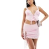 Missyempire Tie Up Plunge Lace Trim Corset And Mini Skirt Co-ord In Baby Pink