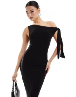 Missyempire Slinky Asymmetric Tie Shoulder Detail Bodycon Midi Dress In Black For Women -Missyempire Sales Store 206841352 1 black 1