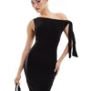 Missyempire Slinky Asymmetric Tie Shoulder Detail Bodycon Midi Dress In Black For Women