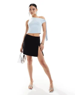 Missyempire Slinky Off Shoulder Tie Detail Top In Baby Blue For Women -Missyempire Sales Store 206841353 1 babyblue 1