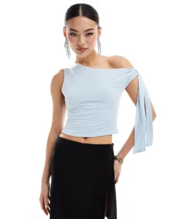 Missyempire Slinky Off Shoulder Tie Detail Top In Baby Blue For Women -Missyempire Sales Store 206841353 3