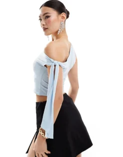 Missyempire Slinky Off Shoulder Tie Detail Top In Baby Blue For Women -Missyempire Sales Store 206841353 4