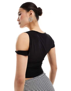 Missyempire Slinky One Sleeve Twist Strap Top In Black For Women -Missyempire Sales Store 206841354 3