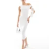 Missyempire Slinky Asymmetric Tie Shoulder Detail Bodycon Midi Dress In White For Women