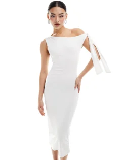 Missyempire Slinky Asymmetric Tie Shoulder Detail Bodycon Midi Dress In White For Women -Missyempire Sales Store 206841373 3