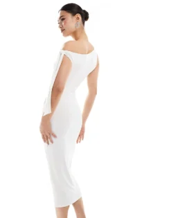 Missyempire Slinky Asymmetric Tie Shoulder Detail Bodycon Midi Dress In White For Women -Missyempire Sales Store 206841373 4