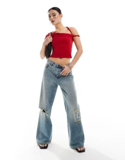 Missyempire Slinky One Sleeve Twist Strap Top In Red For Women -Missyempire Sales Store 206841422 3