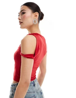 Missyempire Slinky One Sleeve Twist Strap Top In Red For Women -Missyempire Sales Store 206841422 4