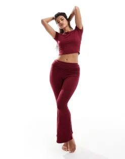 Missyempire Exclusive Folded Waist Flared Trousers Co-ord In Burgundy For Women -Missyempire Sales Store 206841442 1 burgundy 1