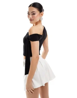 Missyempire Slinky Off Shoulder Tie Detail Top In Black For Women -Missyempire Sales Store 206841443 4