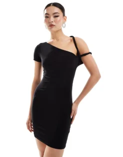 Missyempire Slinky One Sleeve Twist Strap Bodycon Mini Dress In Black For Women