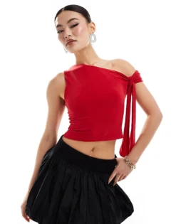 Missyempire Slinky Off Shoulder Tie Detail Top In Red For Women -Missyempire Sales Store 206841483 1 red 1