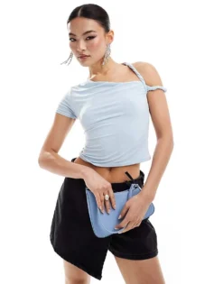 Missyempire Slinky One Sleeve Twist Strap Top In Baby Blue For Women