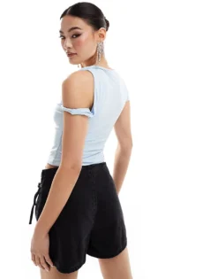 Missyempire Slinky One Sleeve Twist Strap Top In Baby Blue For Women -Missyempire Sales Store 206841496 4