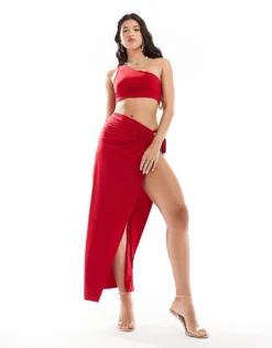 Missyempire One Shoulder Ruched Crop Top And Maxi Skirt Co-ord In Red