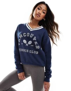 Missyempire Vancouver Tennis Motif Sweatshirt In Navy For Women