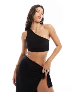 Missyempire One Shoulder Crop Top And Tie Side Detail Maxi Skirt Co-ord In Black -Missyempire Sales Store 206942665 1 black 1