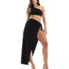Missyempire One Shoulder Crop Top And Tie Side Detail Maxi Skirt Co-ord In Black