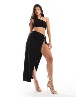Missyempire One Shoulder Crop Top And Tie Side Detail Maxi Skirt Co-ord In Black