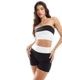 Missyempire Slinky Contrast Fold Over Bandeau Crop Top And Legging Short Co-ord In Monochrome