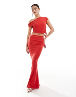 Missyempire Off Shoulder Top And Maxi Skirt With Tie Co-ord In Red