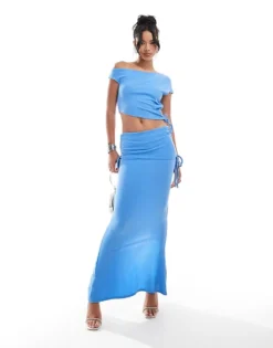 Missyempire Off Shoulder Top And Maxi Skirt With Tie Detail Co-ord In Blue