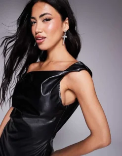 Missyempire Off Shoulder Twist Leather Look Mini Dress In Black For Women -Missyempire Sales Store 207418329 3