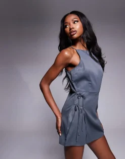 Missyempire High Neck Wrap Tie Side Detail Skort Playsuit In Charcoal For Women