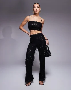 Missyempire Crop Top And Wide Leg Trousers Co-ord In Black Tassel Sequin