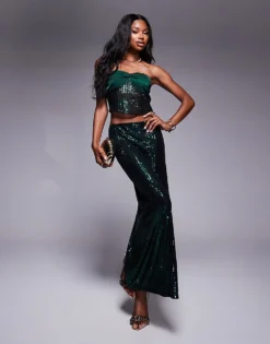 Missyempire Sequin Bandeau Top & Maxi Skirt Co-ord In Emerald Sequin -Missyempire Sales Store 207418501 1 emerald