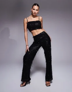 Missyempire Crop Top And Wide Leg Trousers Co-ord In Black Tassel Sequin -Missyempire Sales Store 207418557 1 black 1