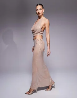 Missyempire Extreme Cowl Front Halter Crop Top And Maxi Skirt Co-ord In Cream Glazed Sequin -Missyempire Sales Store 207455279 1 creamglaze