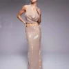 Missyempire Extreme Cowl Front Halter Crop Top And Maxi Skirt Co-ord In Cream Glazed Sequin