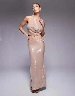 Missyempire Extreme Cowl Front Halter Crop Top And Maxi Skirt Co-ord In Cream Glazed Sequin -Missyempire Sales Store 207455289 1 creamglaze 2