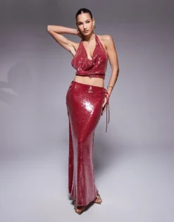 Missyempire Extreme Cowl Front Halter Crop Top And Maxi Skirt Co-ord In Burgundy Glazed Sequin 7 Missyempire Extreme Cowl Front Halter Crop Top And Maxi Skirt Co-ord In Burgundy Glazed Sequin -Missyempire Sales Store 207455300 1 burgundyglaze 1