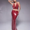 Missyempire Extreme Cowl Front Halter Crop Top And Maxi Skirt Co-ord In Burgundy Glazed Sequin
