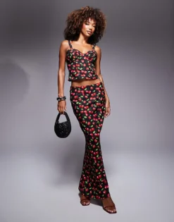 Missyempire Bustier Top And Low Rise Maxi Skirt Co-ord In Cherry Print