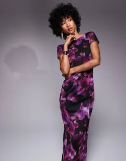 Missyempire Slash Neck Cap Sleeve Scoop Back Maxi Dress In Purple Floral For Women -Missyempire Sales Store 207473393 1 purplefloral 1