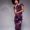Missyempire Slash Neck Cap Sleeve Scoop Back Maxi Dress In Purple Floral For Women