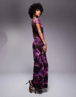 Missyempire Slash Neck Cap Sleeve Scoop Back Maxi Dress In Purple Floral For Women -Missyempire Sales Store 207473393 4