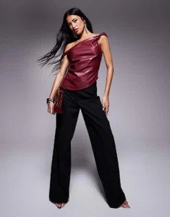 Missyempire Off Shoulder Twist Leather Look Top In Burgundy For Women -Missyempire Sales Store 207473781 1 burgundy 1