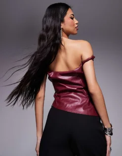 Missyempire Off Shoulder Twist Leather Look Top In Burgundy For Women -Missyempire Sales Store 207473781 4