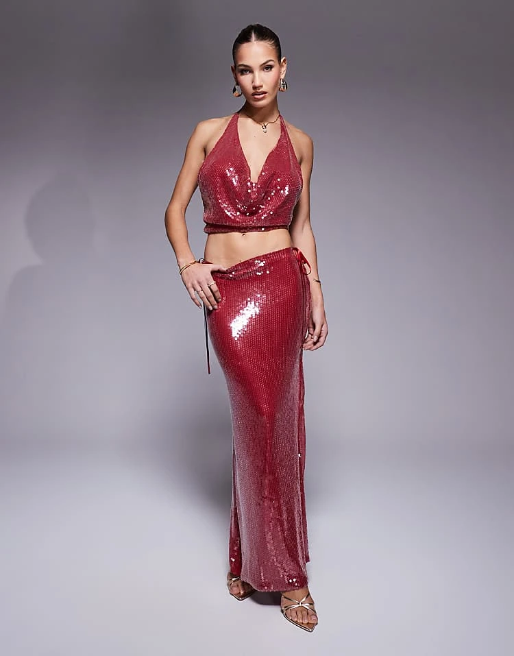 Missyempire Extreme Cowl Front Halter Crop Top And Maxi Skirt Co-ord In Burgundy Glazed Sequin 4 Missyempire Extreme Cowl Front Halter Crop Top And Maxi Skirt Co-ord In Burgundy Glazed Sequin - Image 4