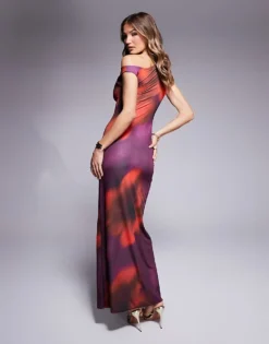 Missyempire Slinky Off Shoulder Maxi Dress In Purple And Red Blurred Flower Print For Women Blurred Floral -Missyempire Sales Store 207473829 3